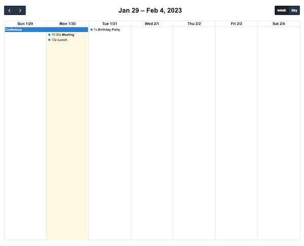Screenshot: dayGridWeek and dayGridDay views