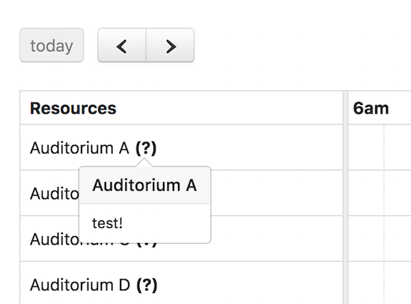 Screenshot: Using resourceLabelDidMount with a popover in timeline-view